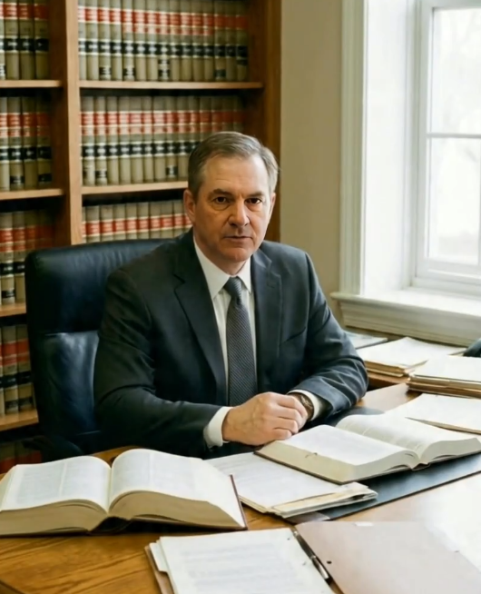 Dr. Gabriel Moretti sentado à mesa, entre livros e documentos